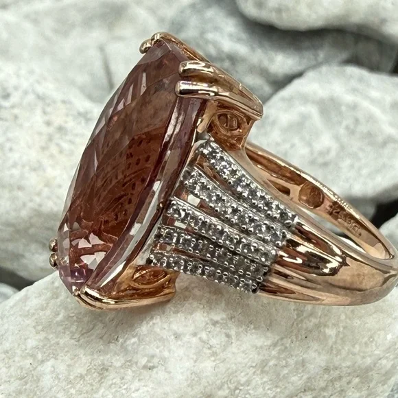 Morganite Cushion Cut Ring Rose Gold Over Sterling CZ Pave Size 7 - Picture 6 of 17